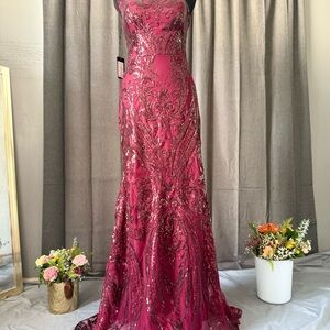 Burgundy Strapless One Shoulder Prom Gown